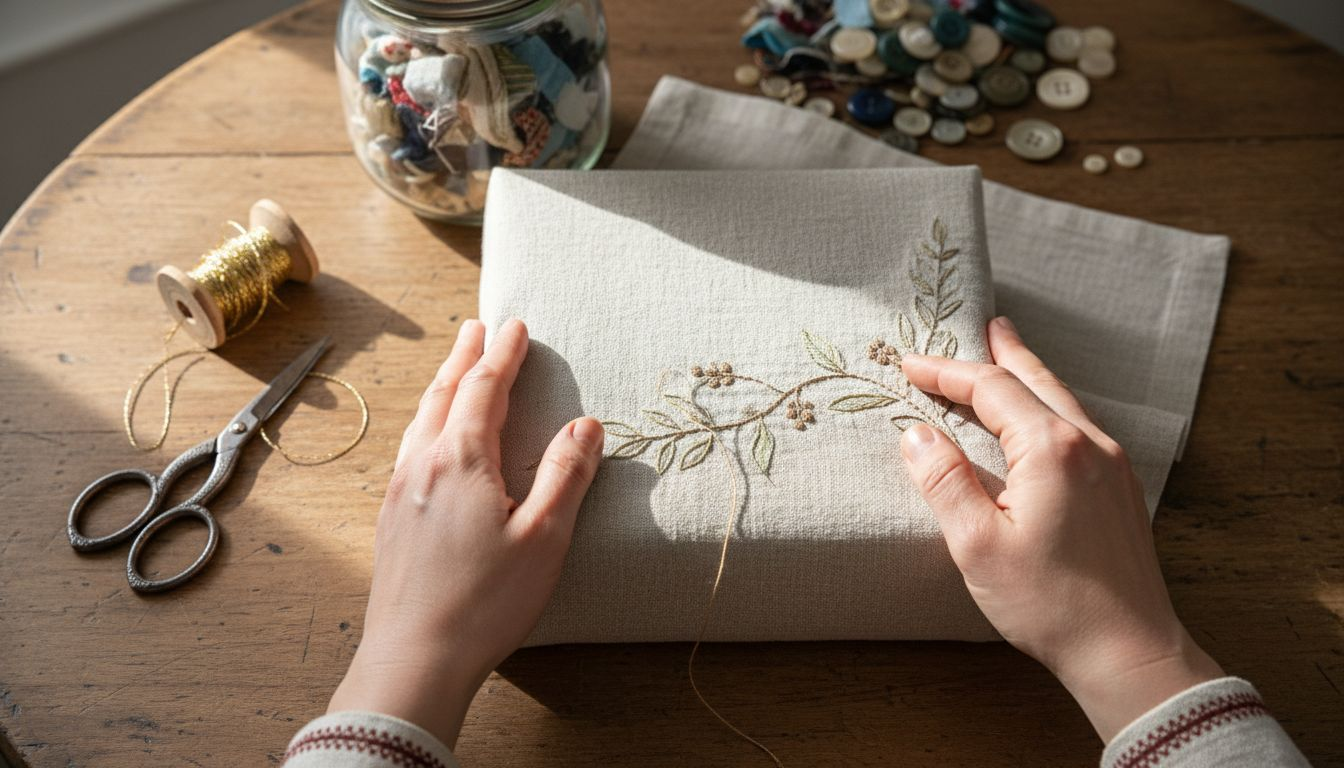 Hands fold linen fabric around a gift box
