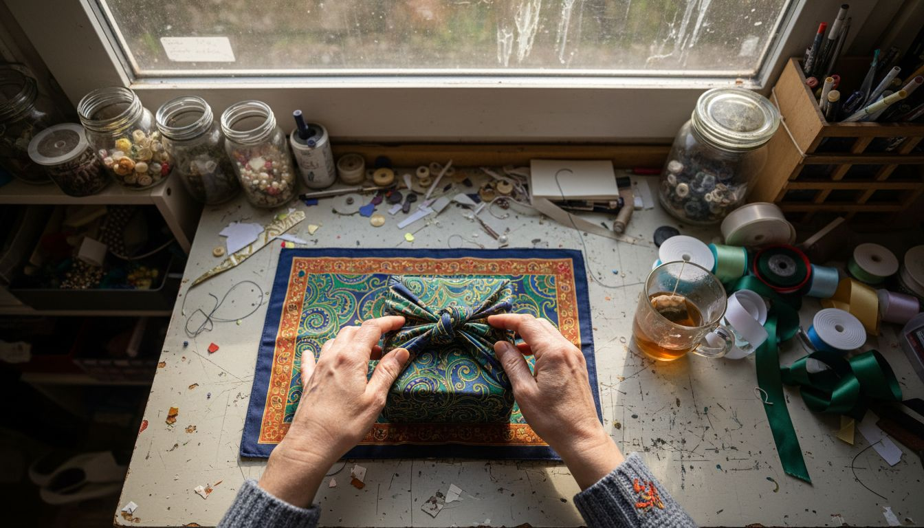 Hands folding reusable fabric gift wrap