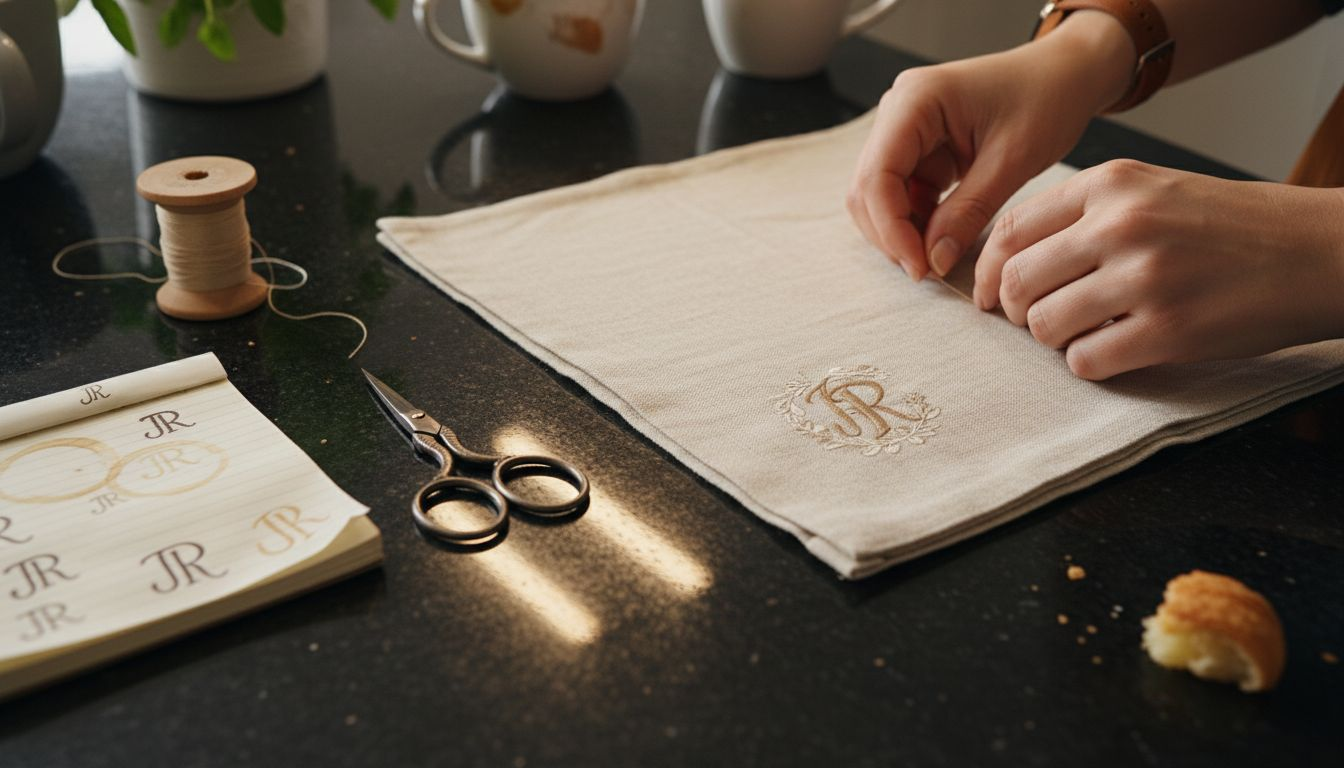 Hands adjusting embroidered gift wrap monogram