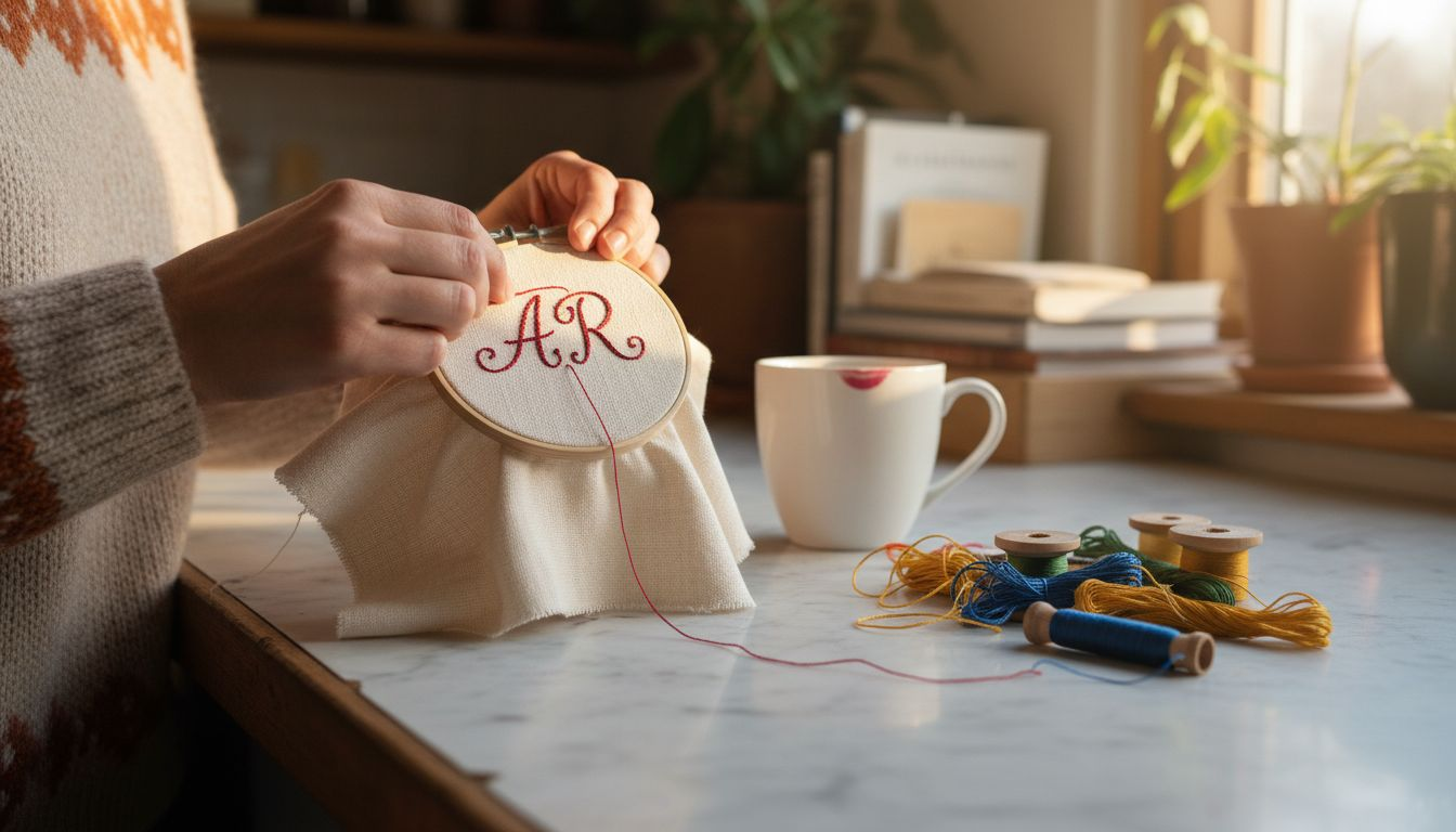 Close up hands embroidering gift wrap