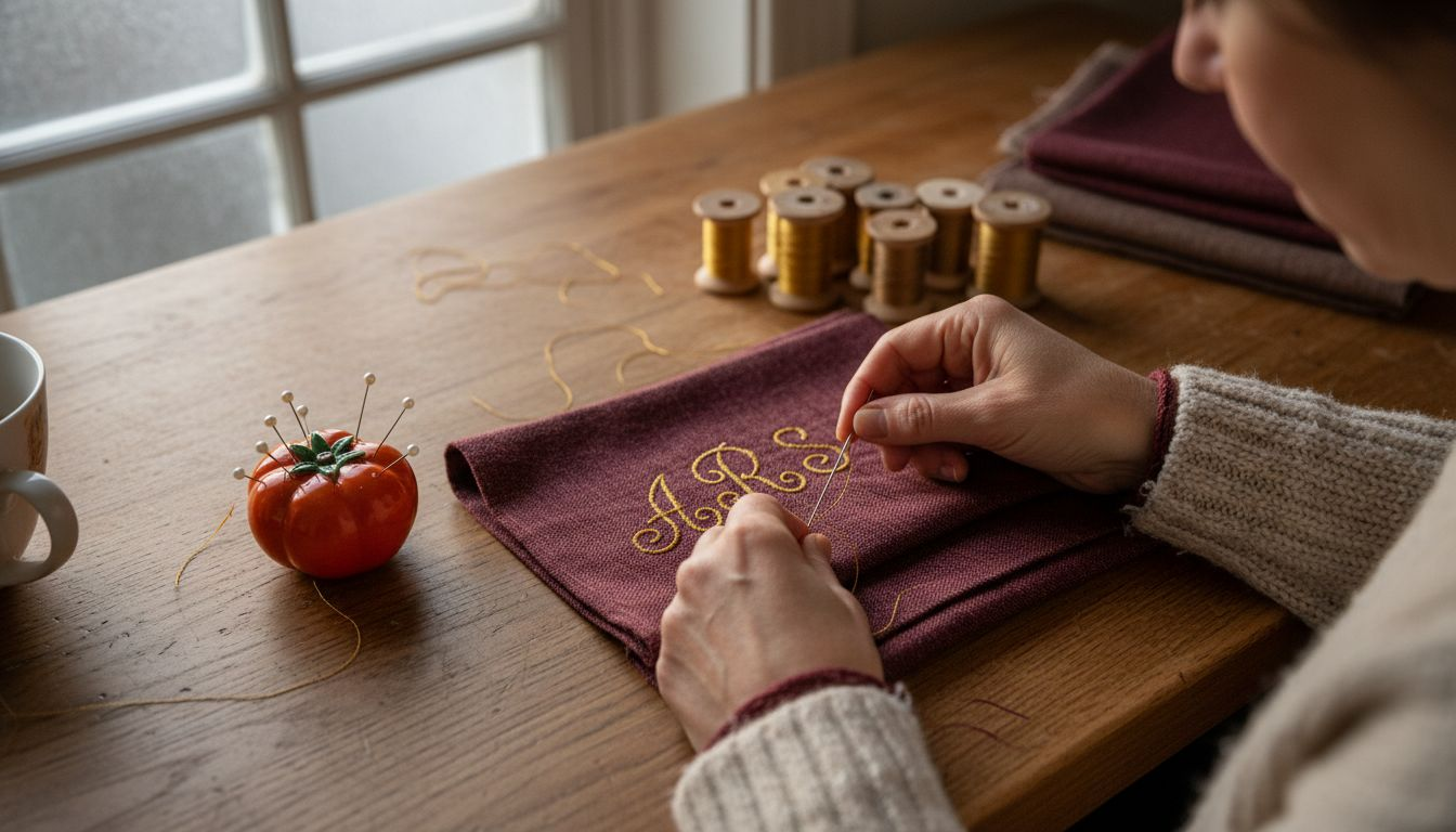 Hands embroidering initials on fabric wrap