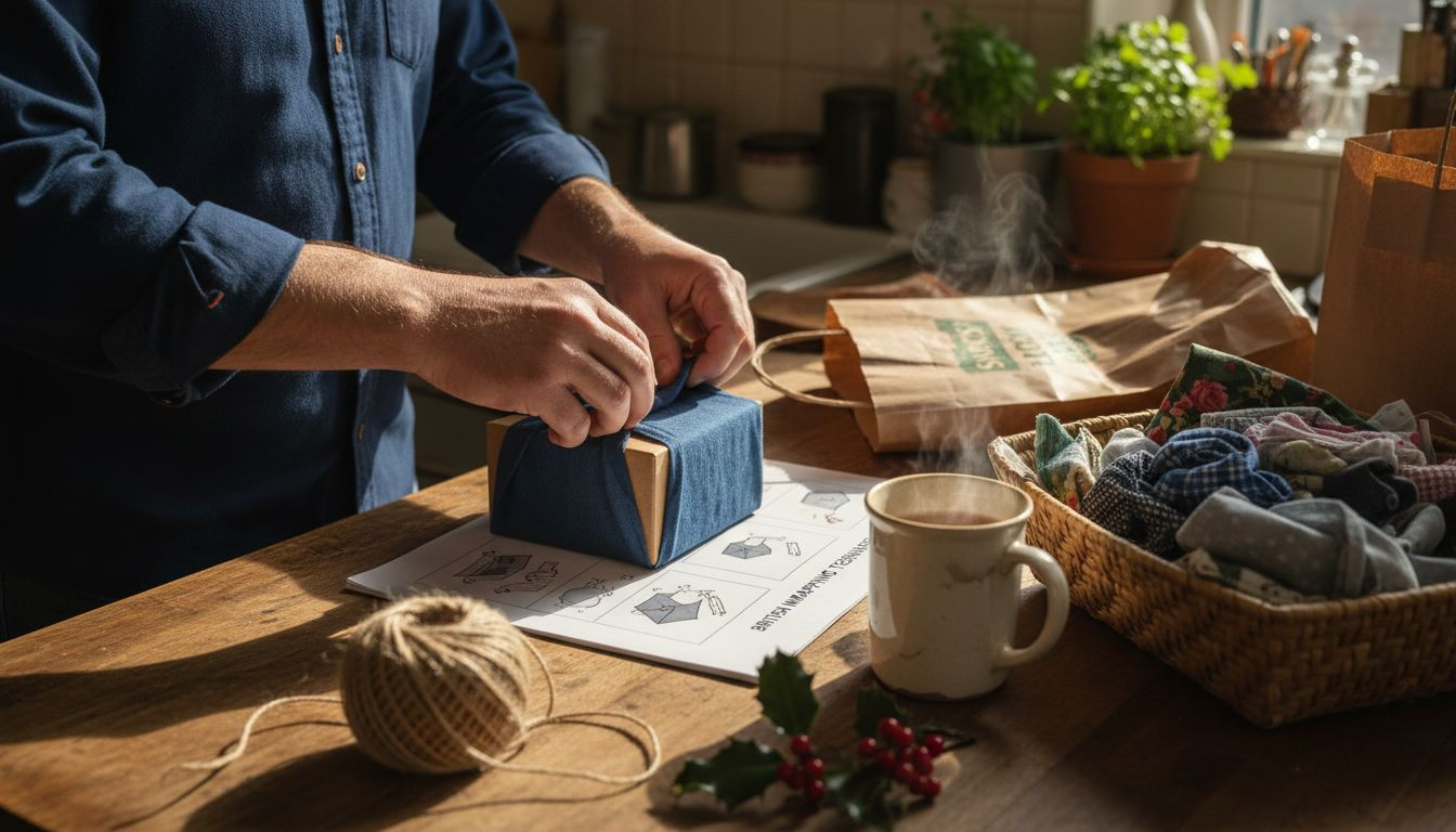 Man folds linen wrapping on kitchen counter