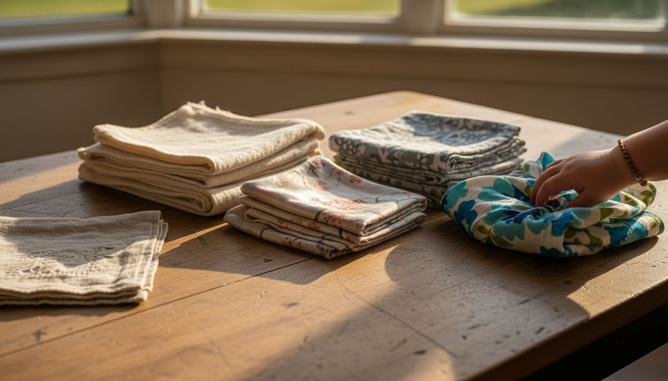 Assorted fabric wraps on coffee table