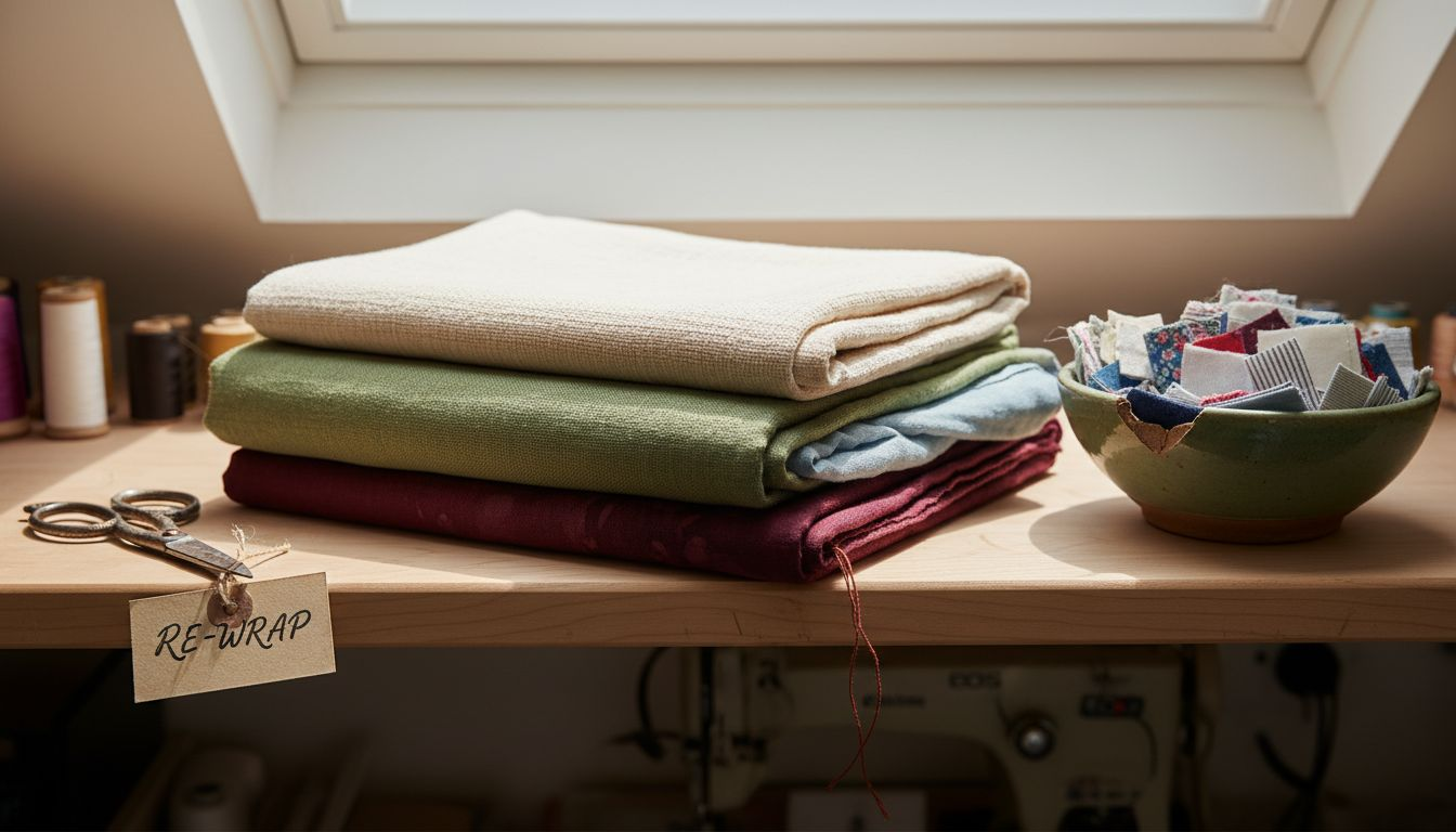 Stacked organic gift wrap fabrics for close inspection