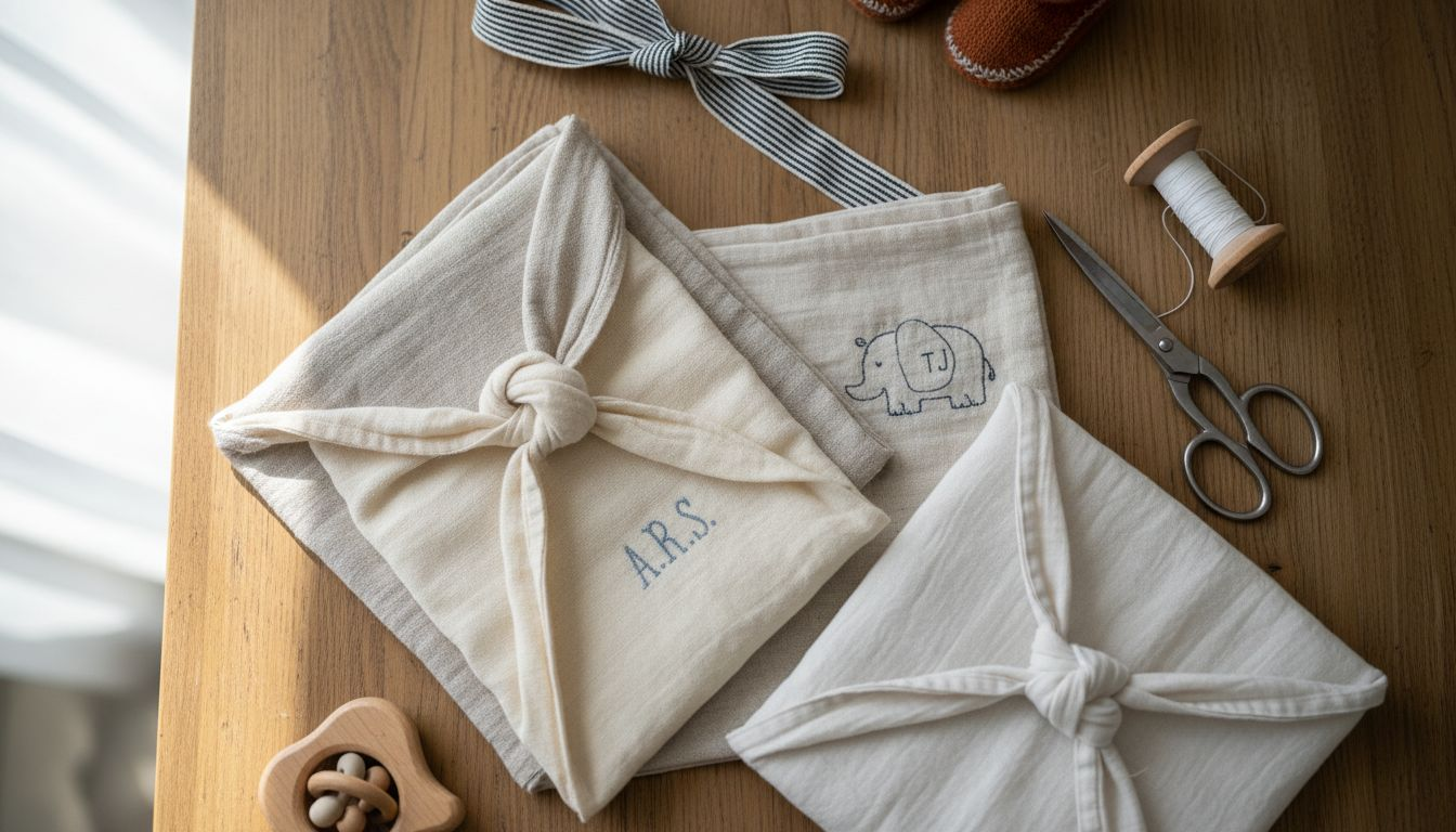 Reusable fabric wraps with embroidery and accessories