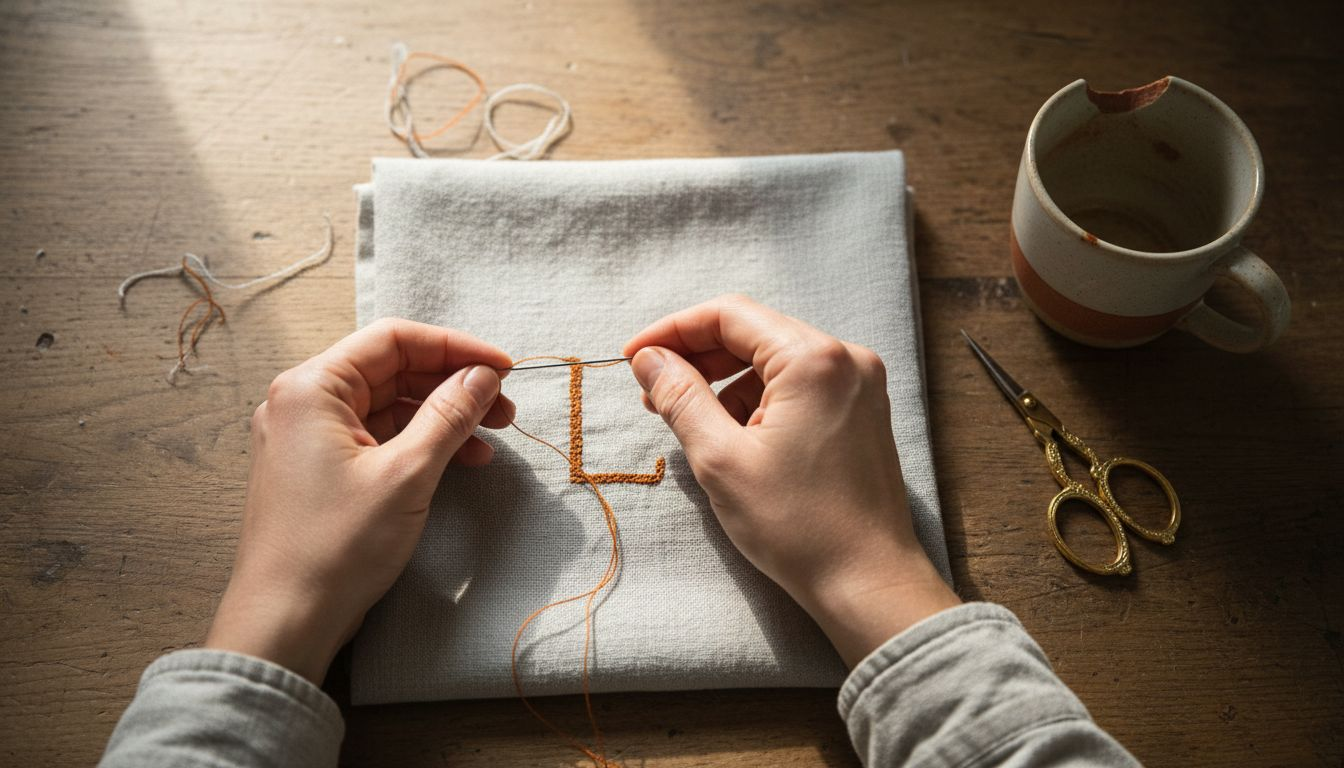 Close-up hands embroidering initial on gift wrap