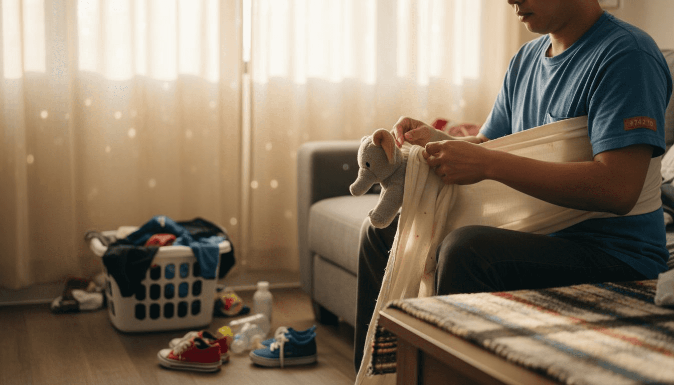 Parent wrapping plush toy for toddler