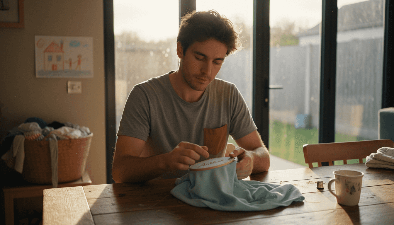 Father embroidering child’s name on wrap