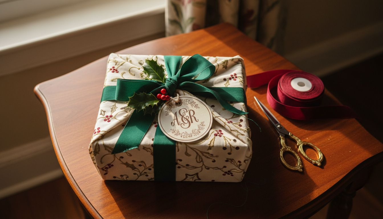 Gift with silk ribbon and monogram tag
