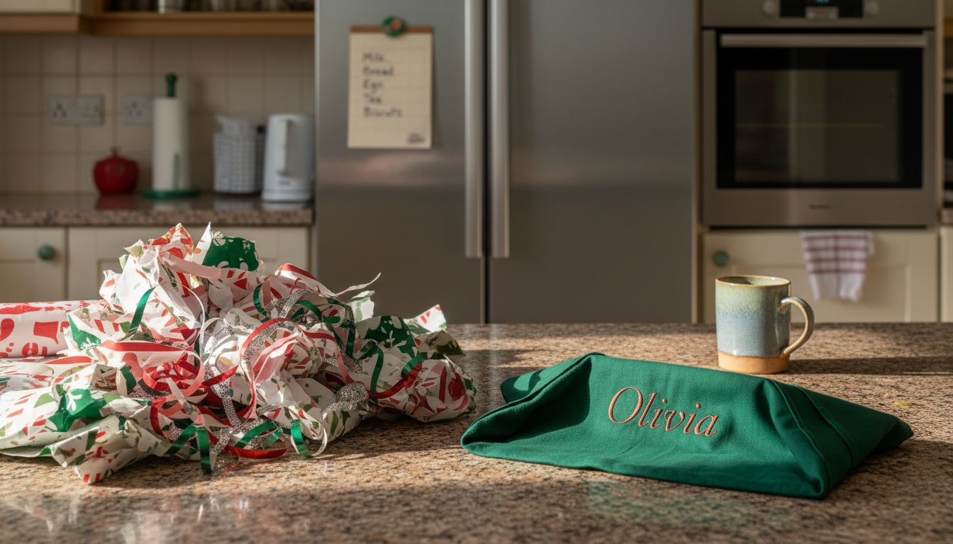 Wrinkled paper waste beside folded fabric wrap