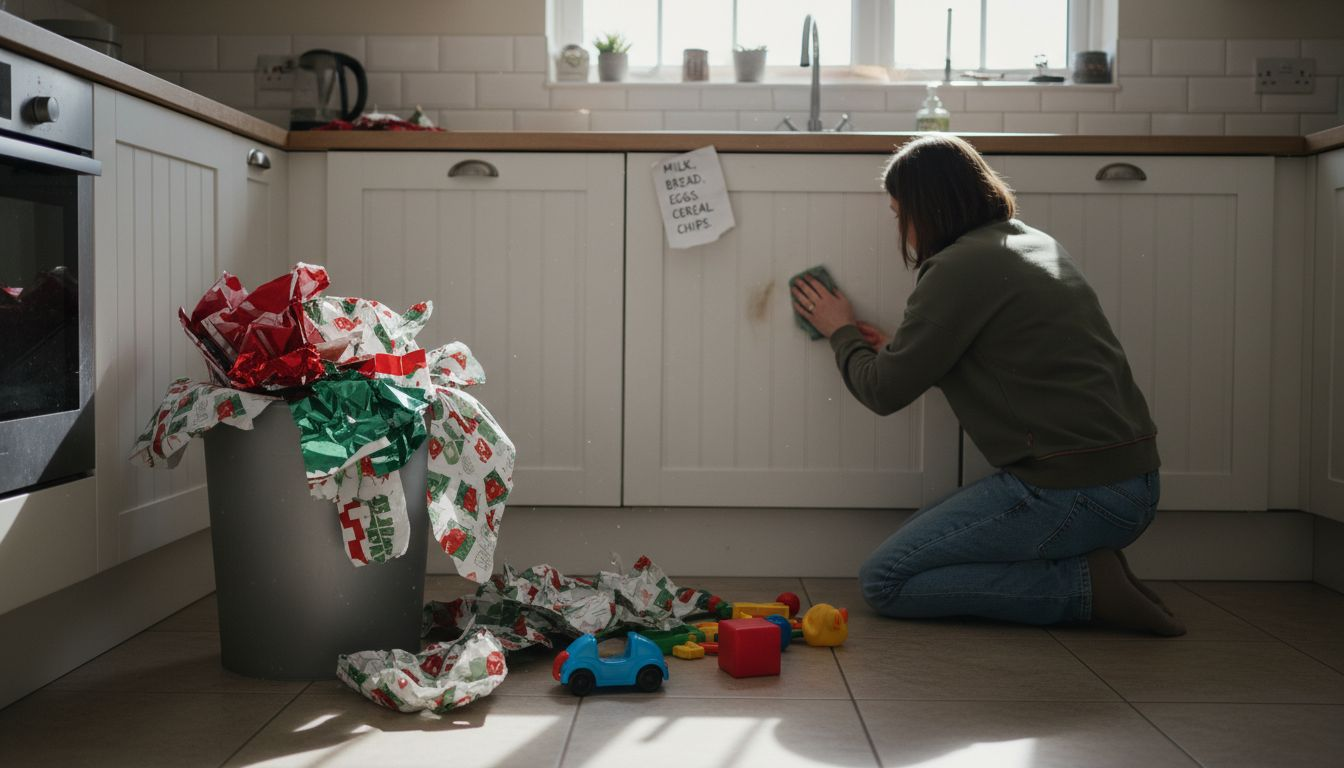 Overflowing bin of single-use gift wrap
