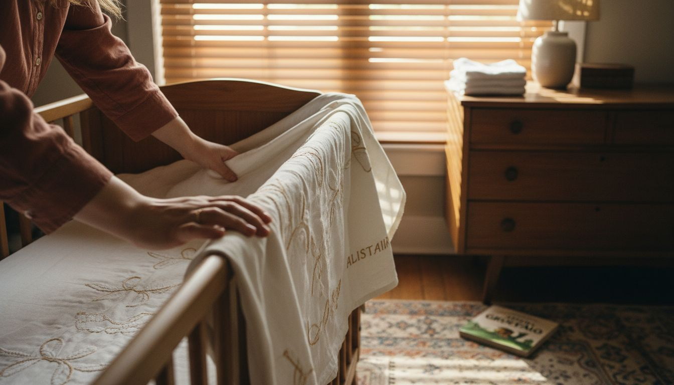 Mother placing personalised baby blanket in crib