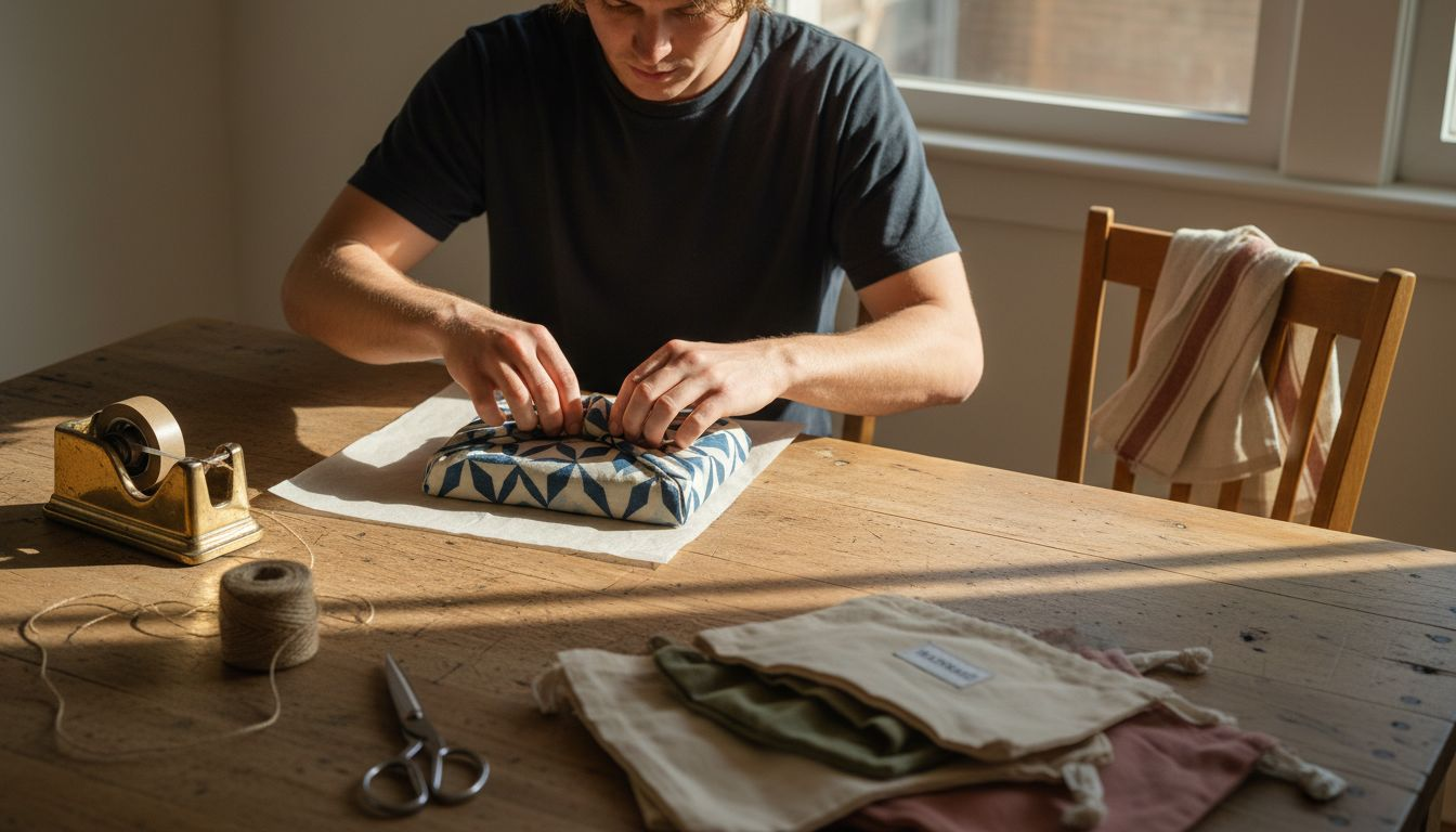 Folding reusable fabric wrap with tissue paper