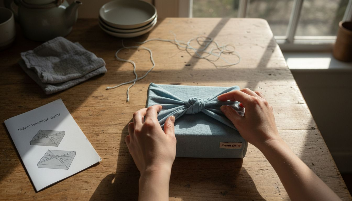 Hands folding fabric corners on gift