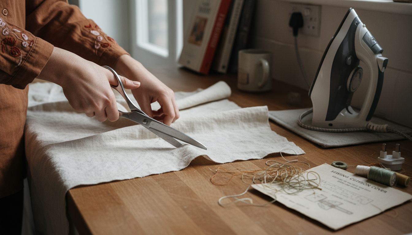 Hands preparing fabric for embroidery wrap
