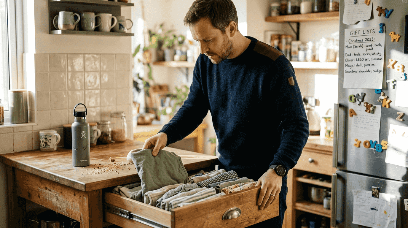 Father choosing reusable fabric gift wrap