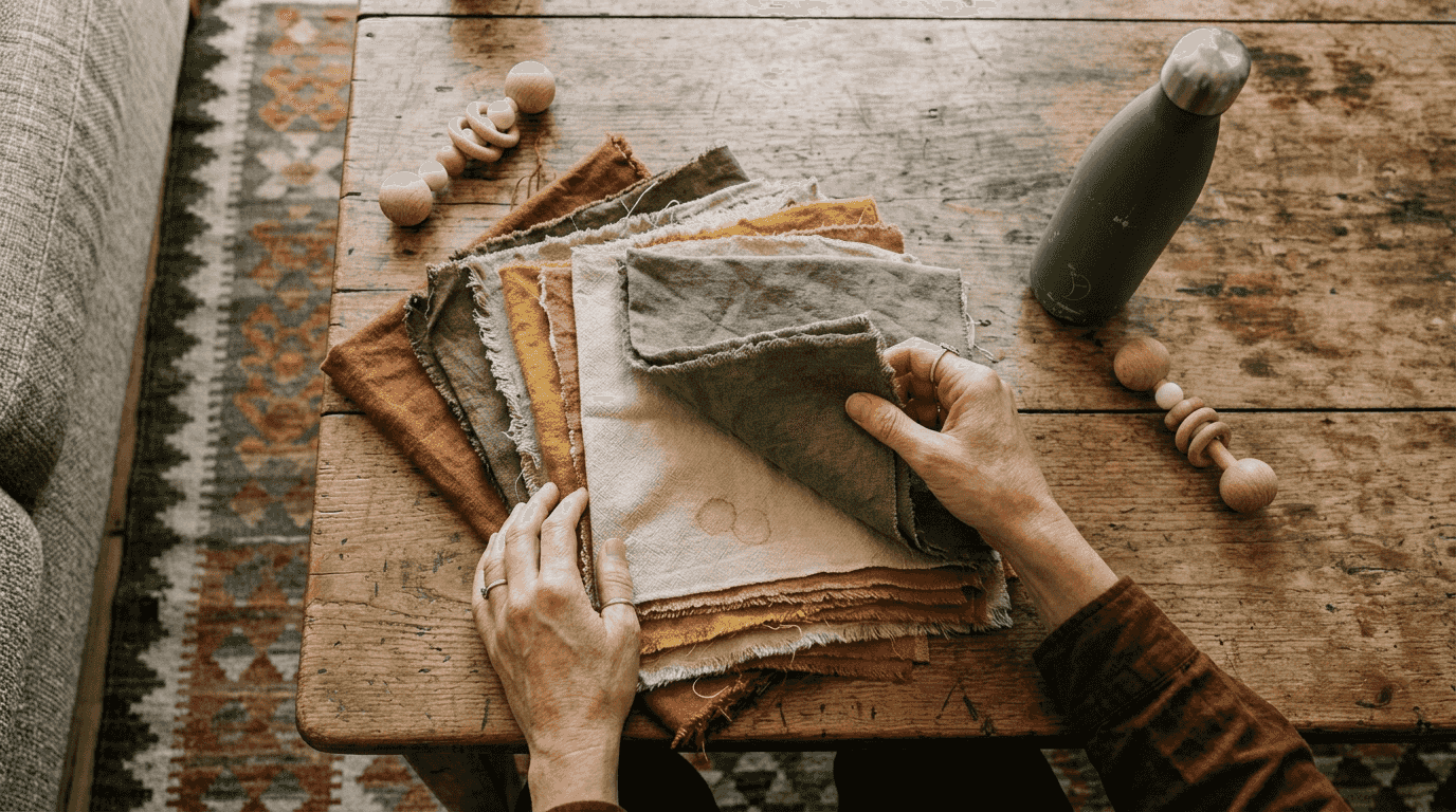Hands sorting natural fabrics for wrapping