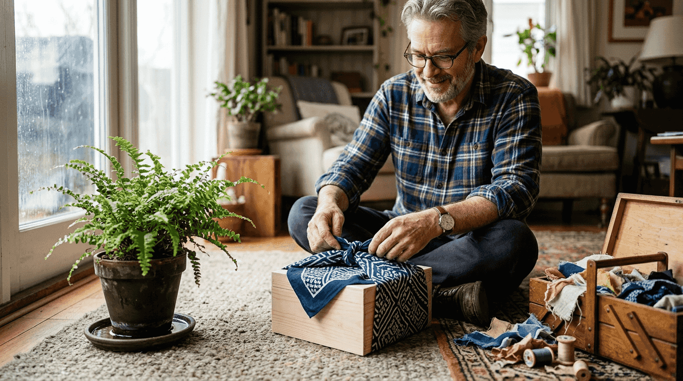 Man tying furoshiki style reusable fabric wrap