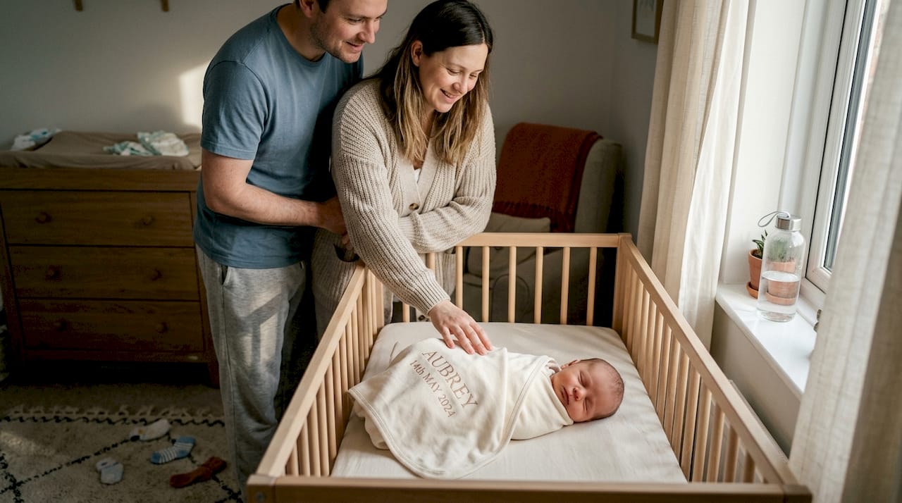 Baby wrapped in embroidered organic cotton blanket