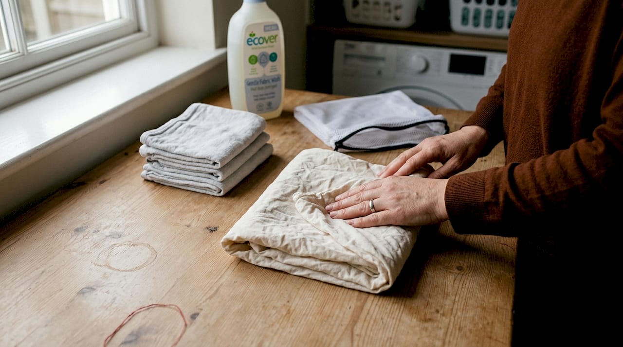 Hands folding washed reusable fabric wrap
