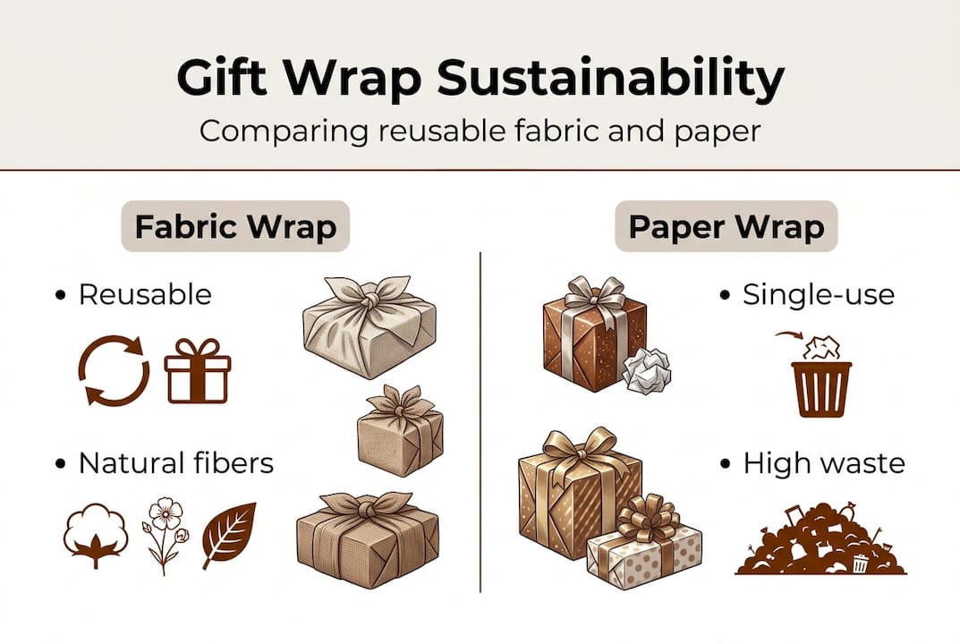 Infographic comparing fabric and paper wrap sustainability