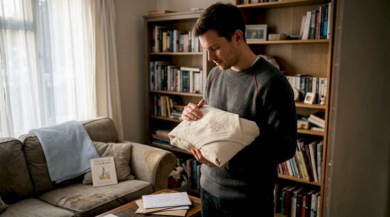 Father inspecting a fabric-wrapped newborn gift