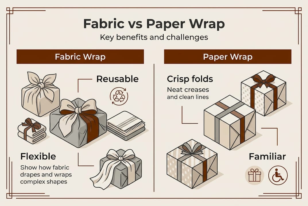 Infographic comparing fabric and paper gift wraps