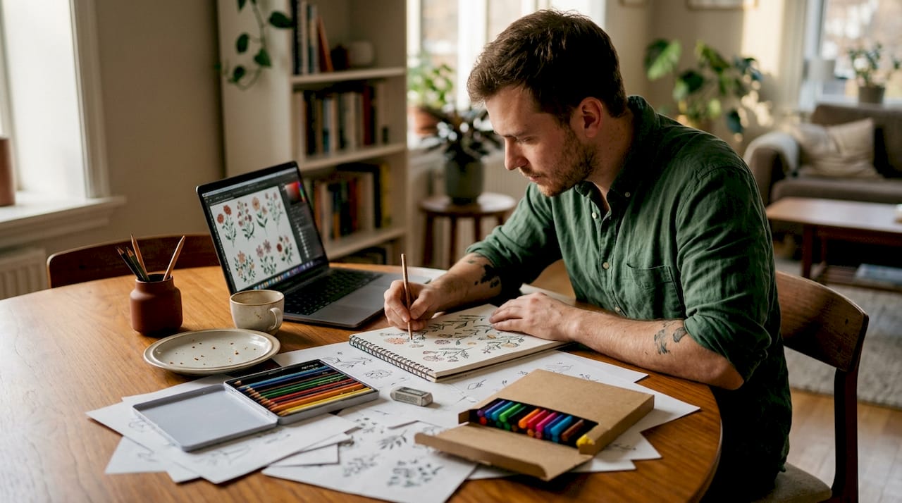 Man drawing hand-made gift wrap patterns