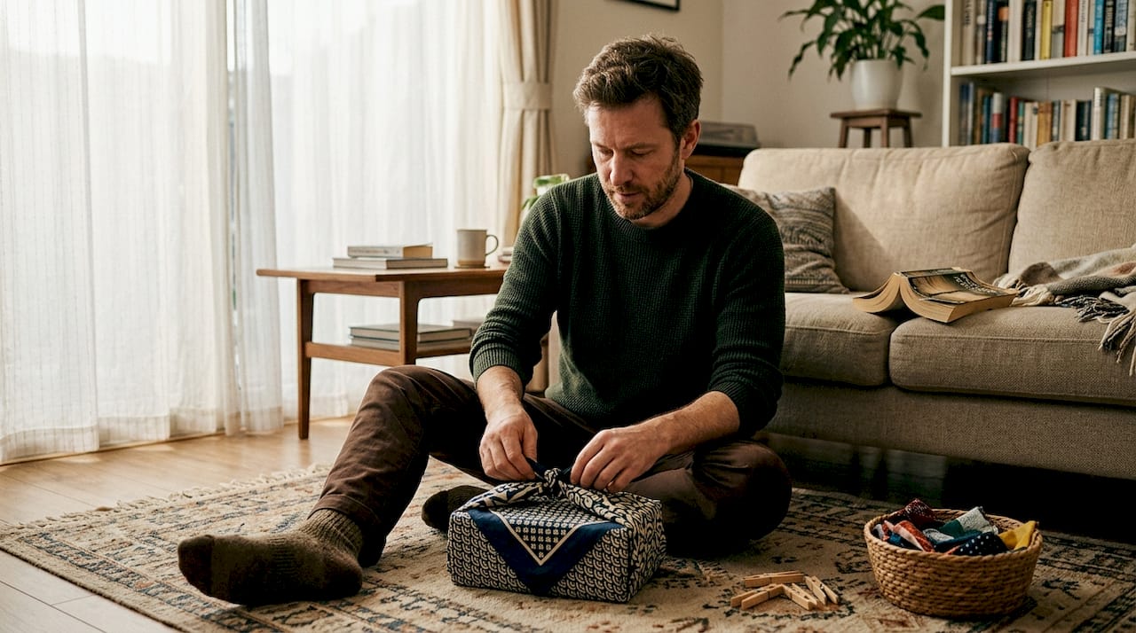 Man using furoshiki wrapping on living room rug