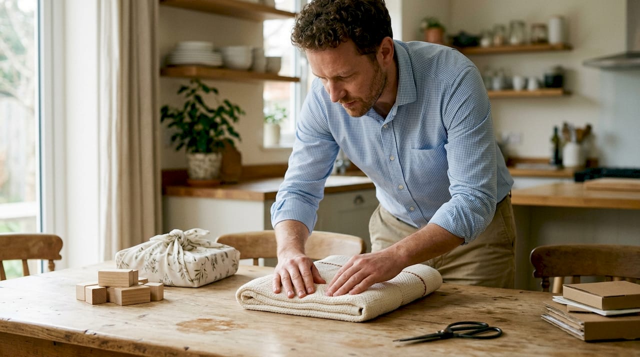 Father folding organic cotton baby blanket