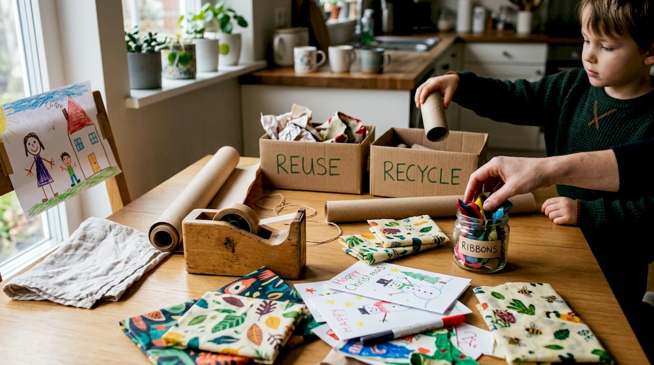 Reusable fabric wraps and recyclable holiday gift wrap