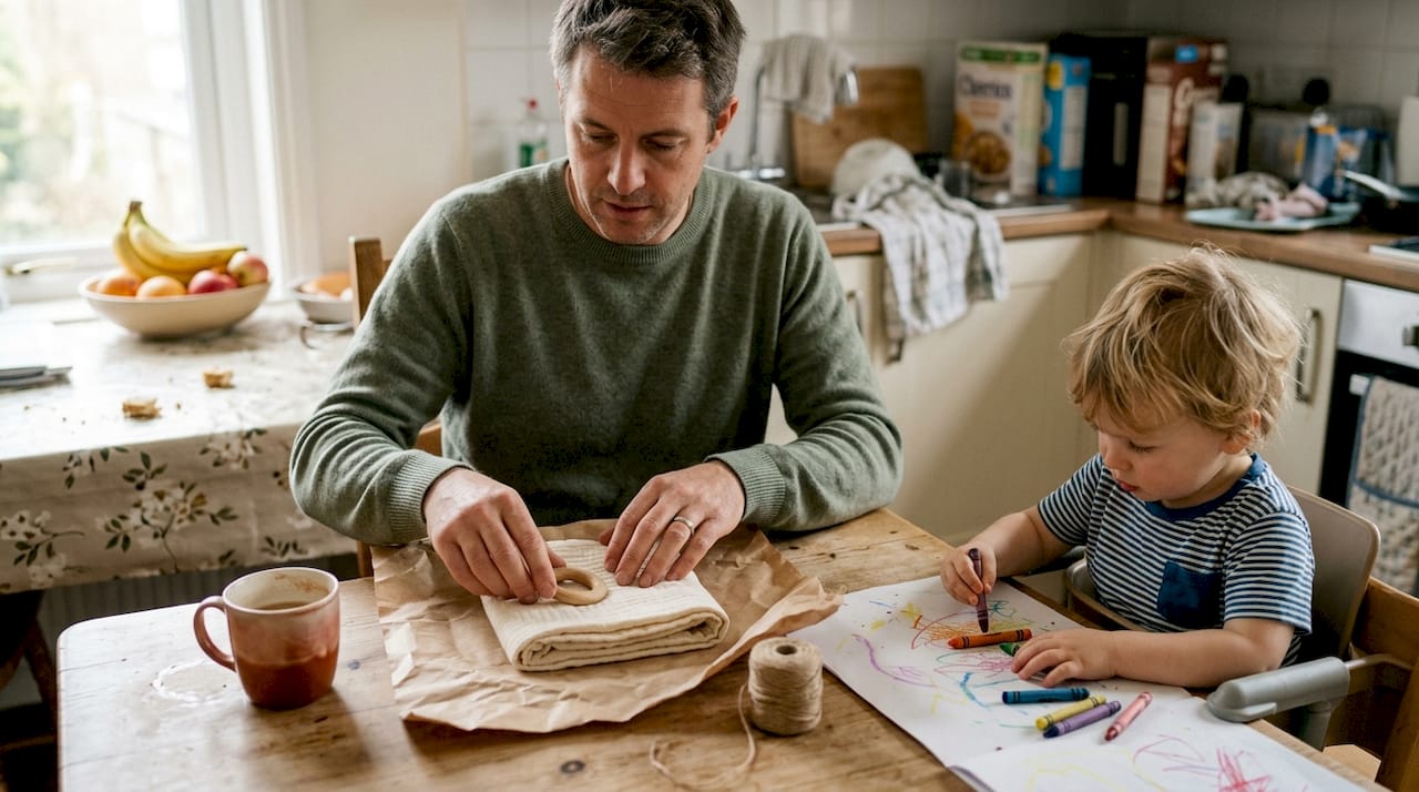 Parent preparing sustainable baby gifts in kitchen