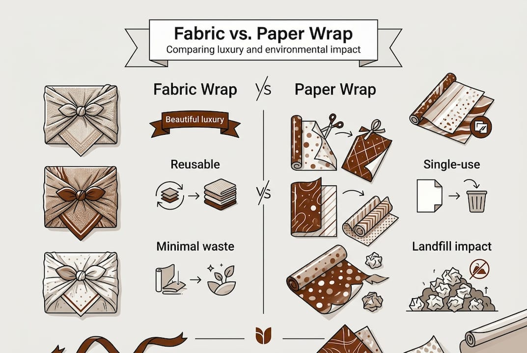 Infographic comparing fabric and paper gift wrap