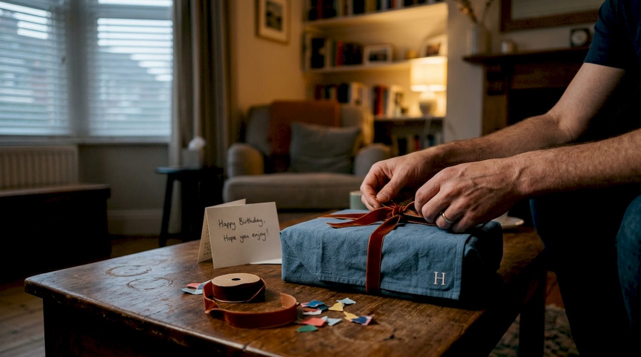 Hands presenting personalised embroidered gift wrap