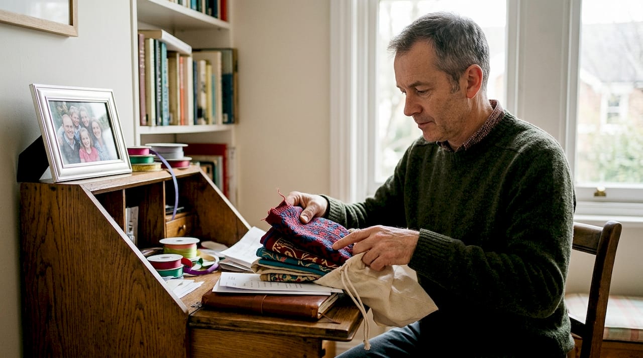 Man storing special occasion wraps in cotton bag