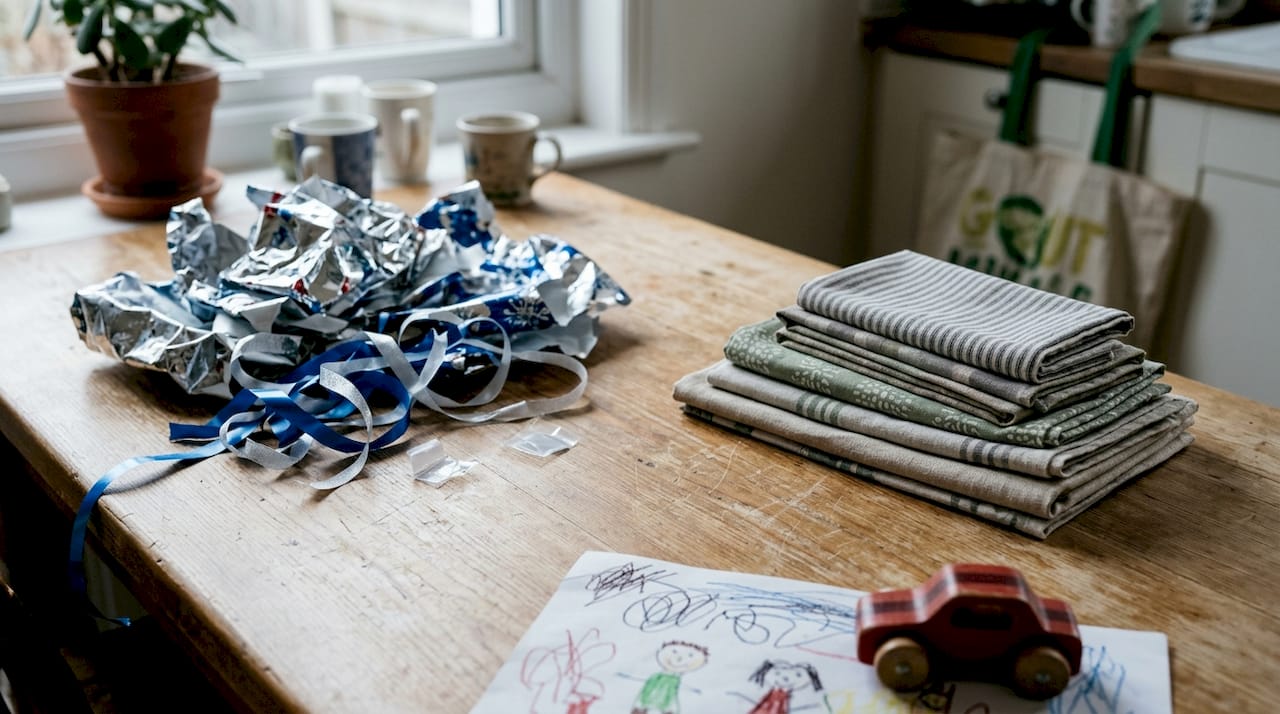 Paper gift wrap waste versus folded fabric wraps
