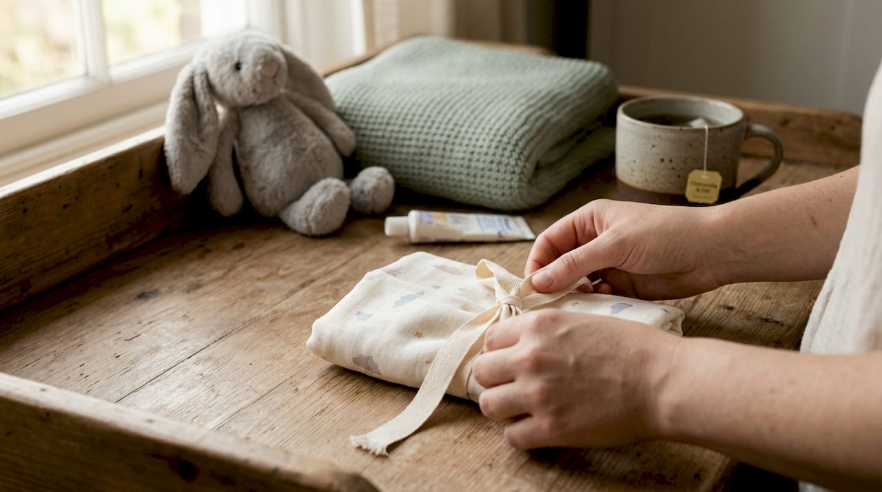 Hands wrapping newborn gift in organic cotton wrap