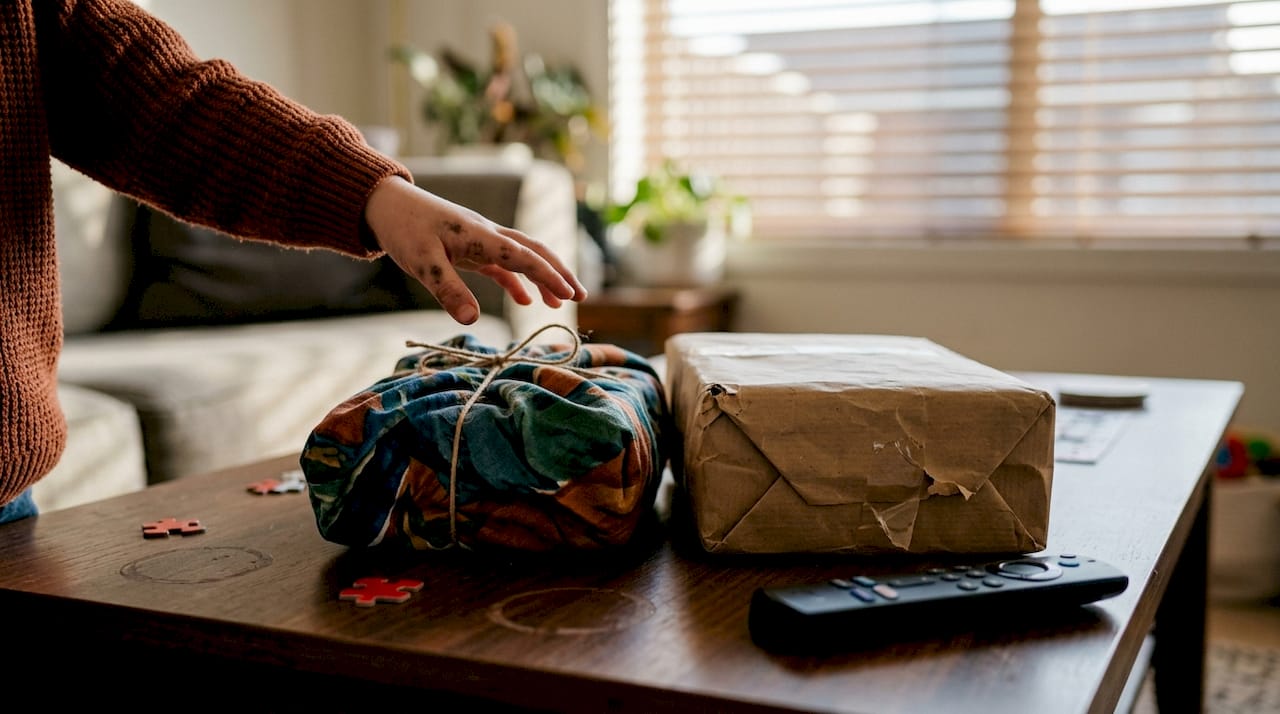 Comparison of fabric and paper-wrapped gifts