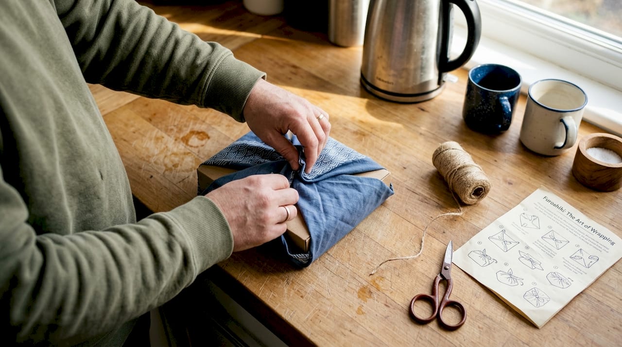 Hands using furoshiki fabric for wrapping
