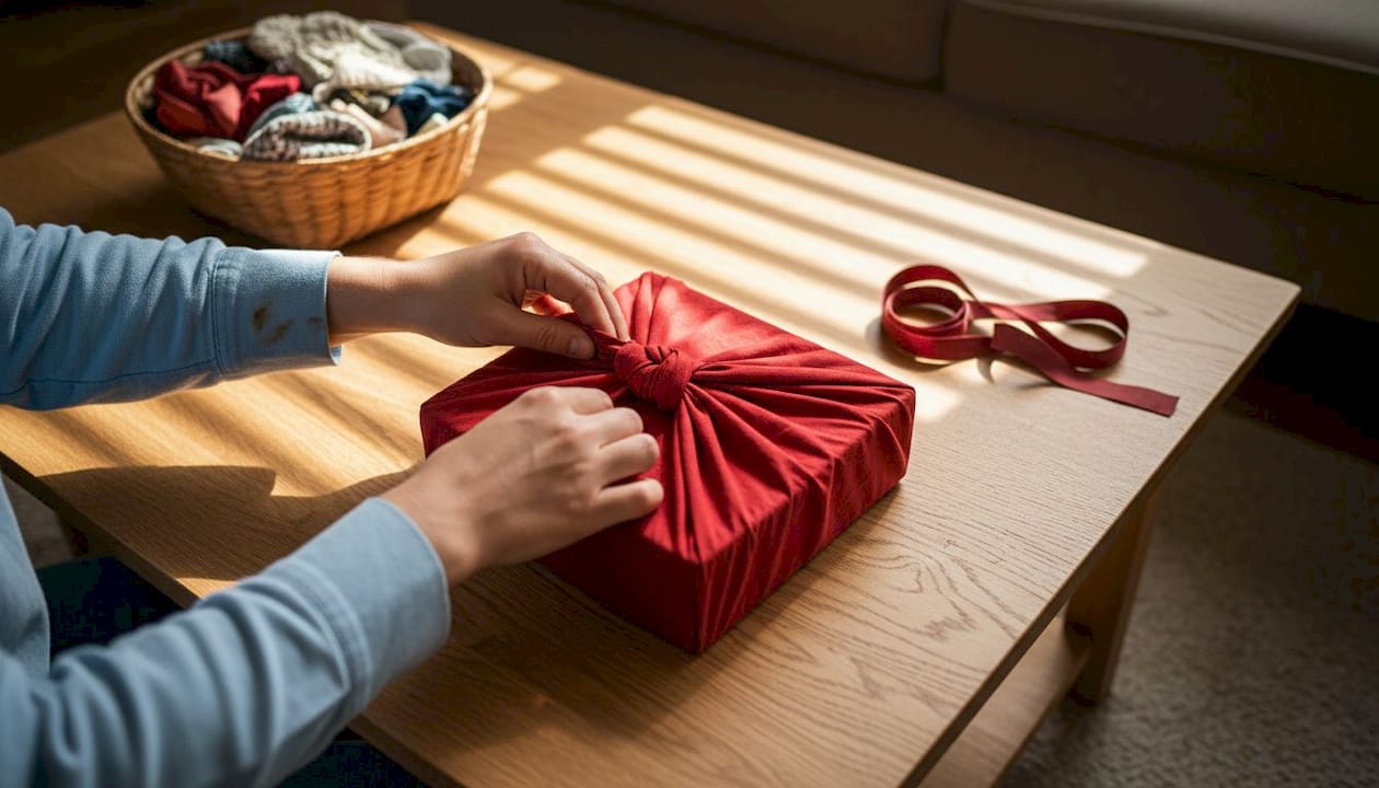 Hands demonstrate Furoshiki gift wrapping technique