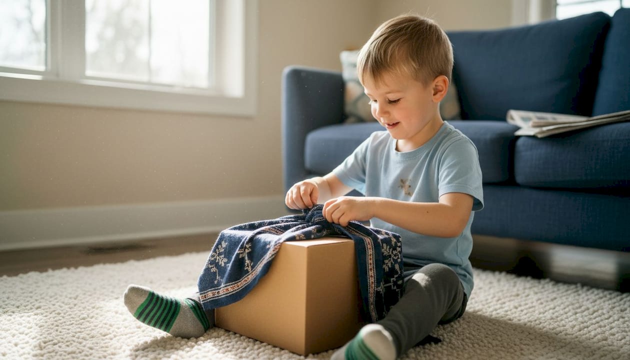 Child unwrapping gift in fabric wrap