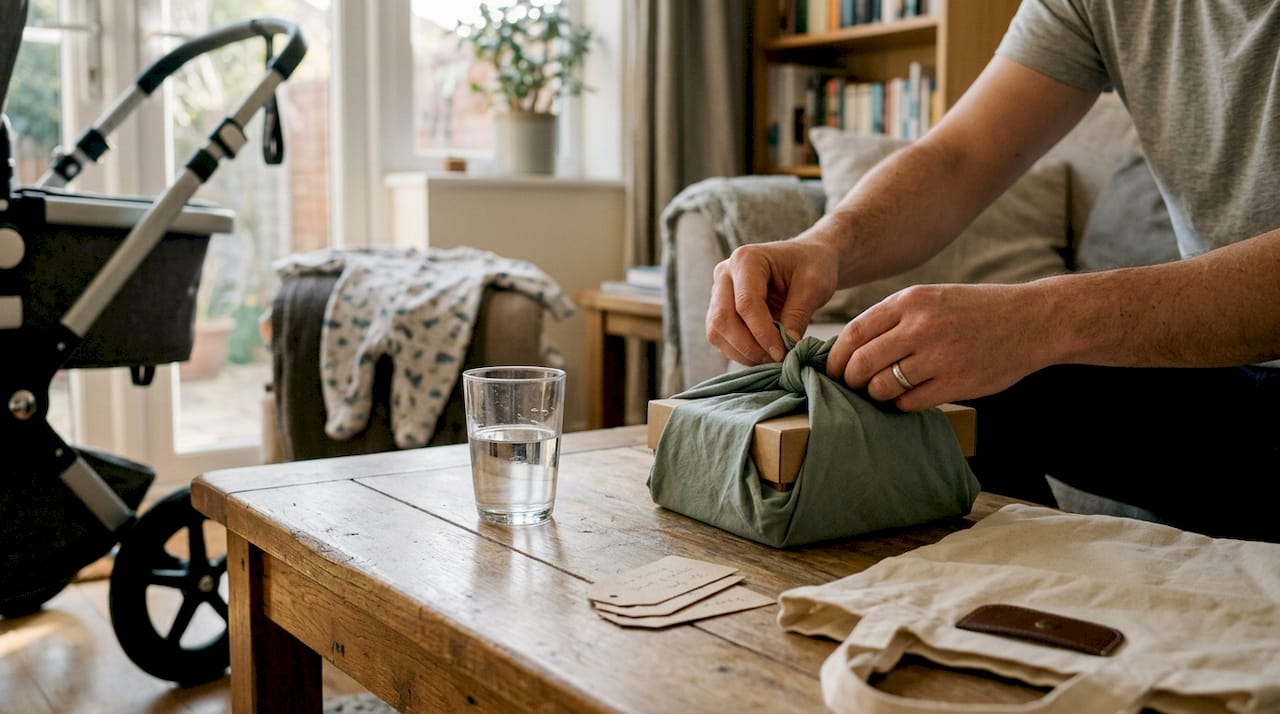 Hands tying furoshiki eco wrap on gift
