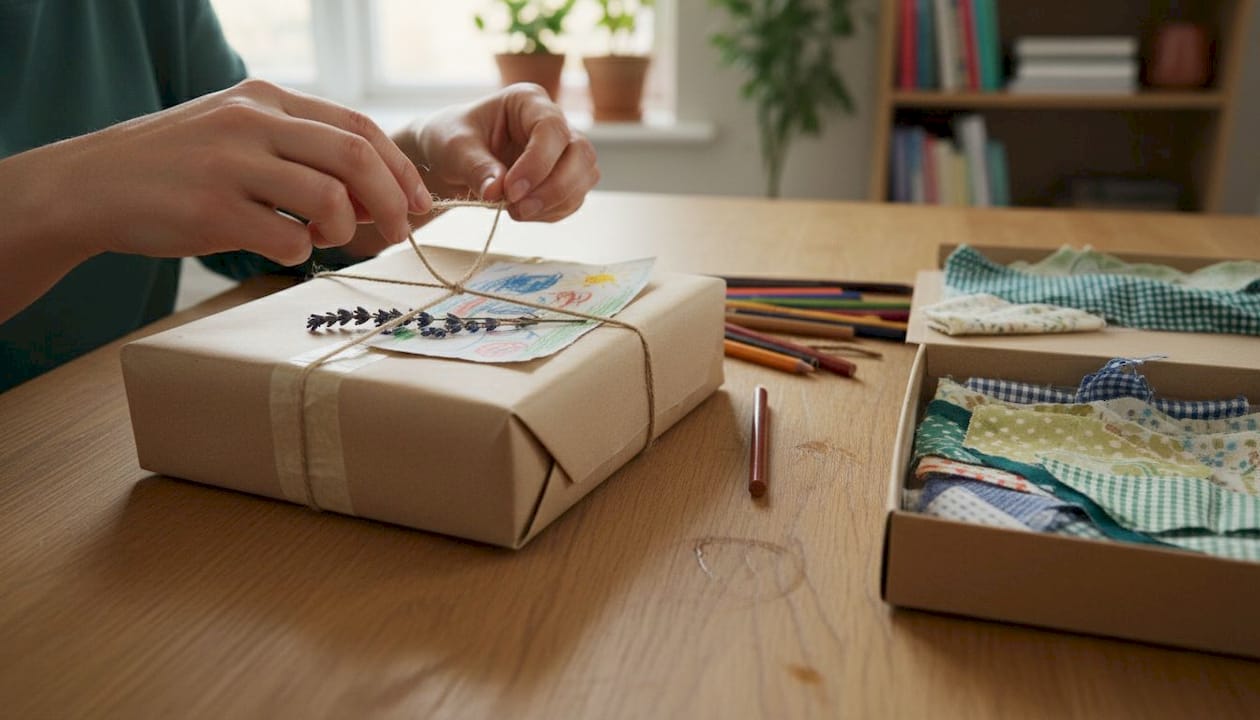 Hands wrapping gift with kraft paper and twine