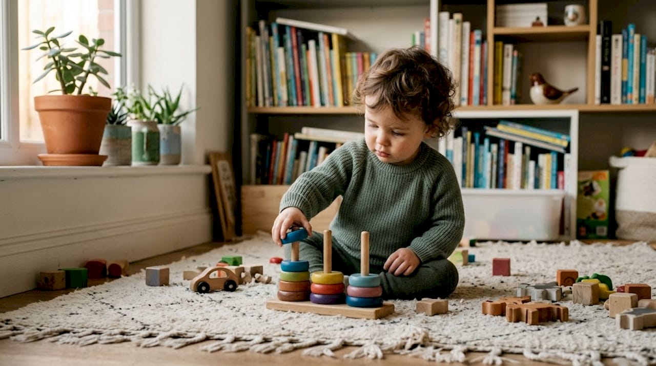 Child playing with sustainable wooden toys