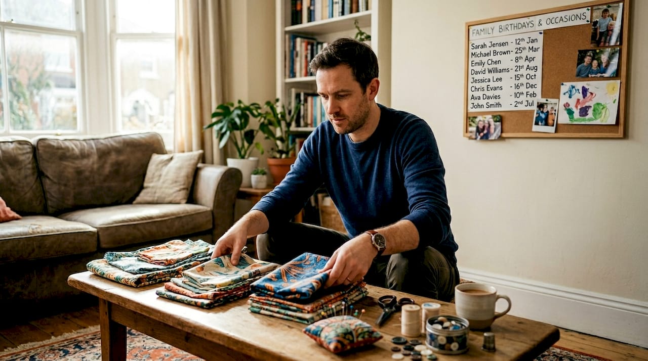 Man assembling reusable fabric gift wraps