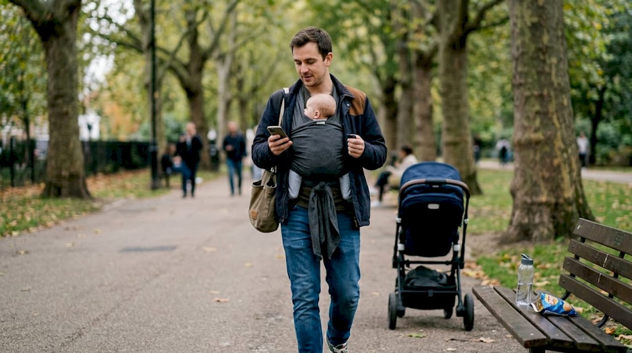 Father walks in park using babywearing wrap