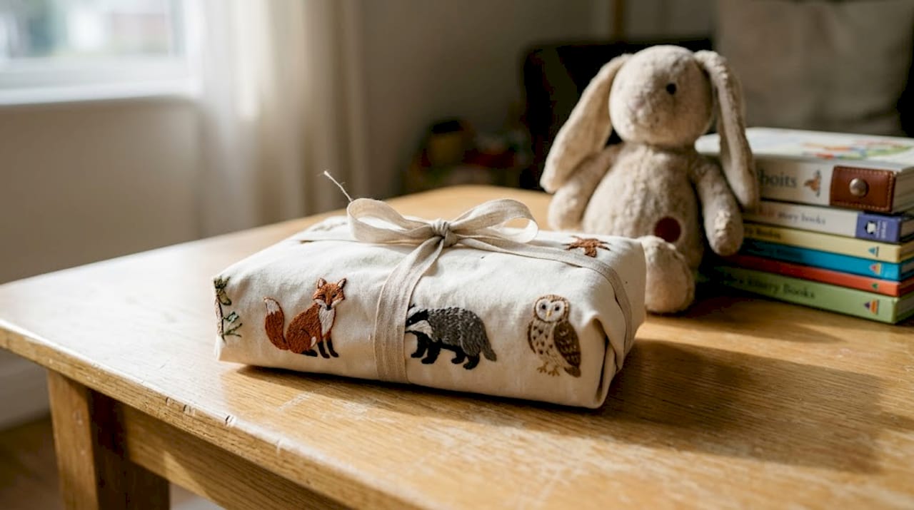 Close-up luxury embroidered fabric gift wrap
