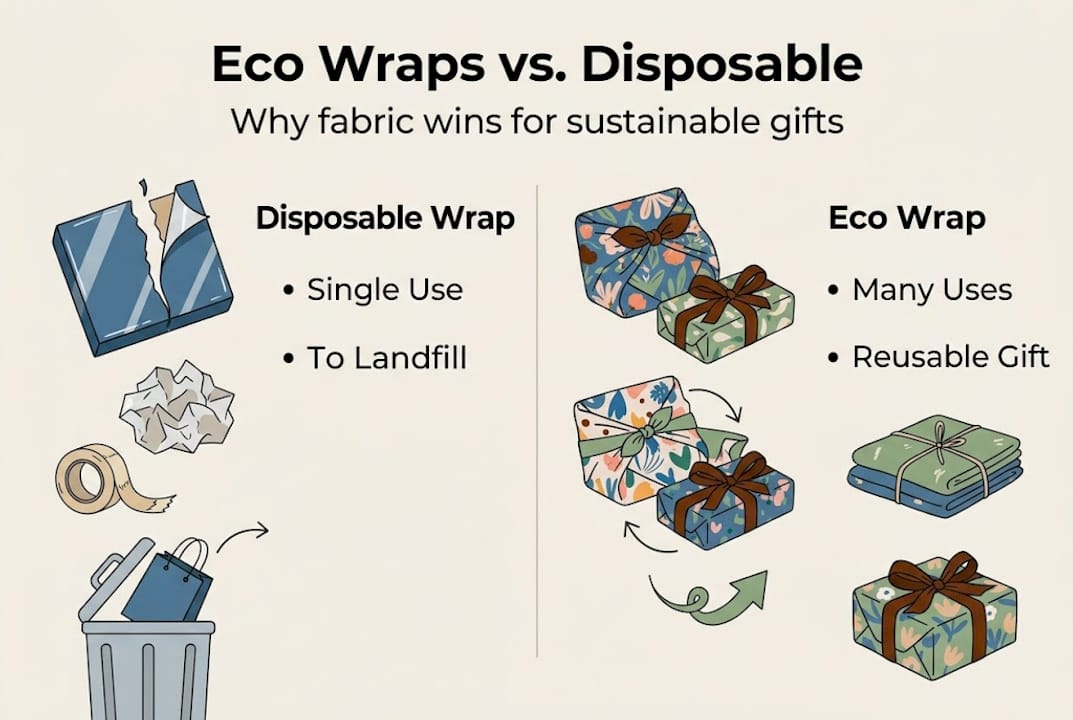 Infographic contrasting eco and disposable gift wraps