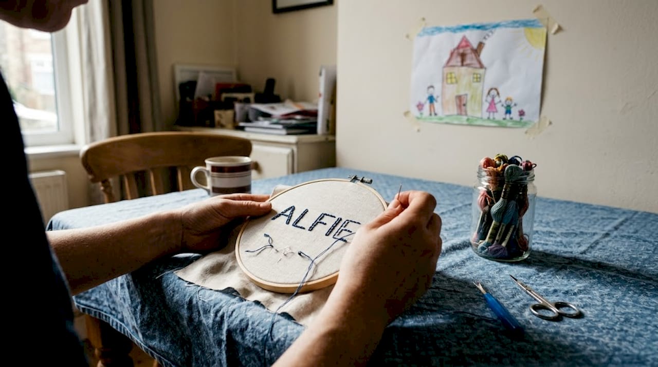 Hands embroidering name on linen gift wrap