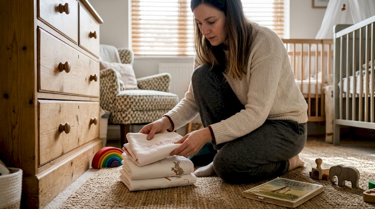 Parent preparing personalised embroidered gift wraps